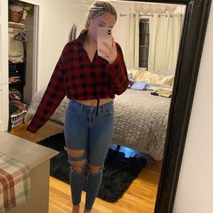 Red Plaid Fuzzy Crop Sweater